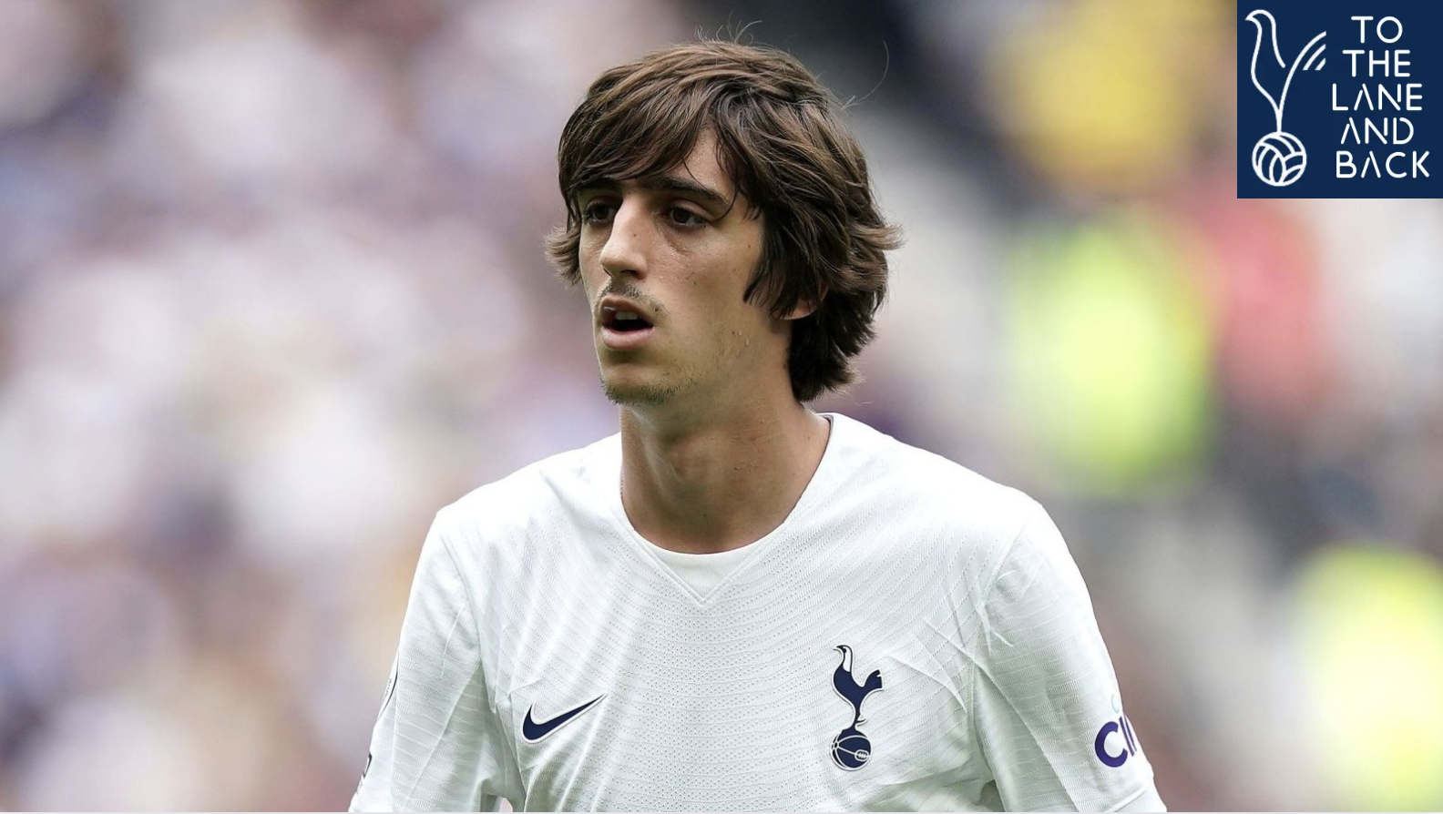 Bryan Gil in Tottenham white, with a faded montage of Valencia, Sevilla, and Girona crests, reflecting his loan-laden career